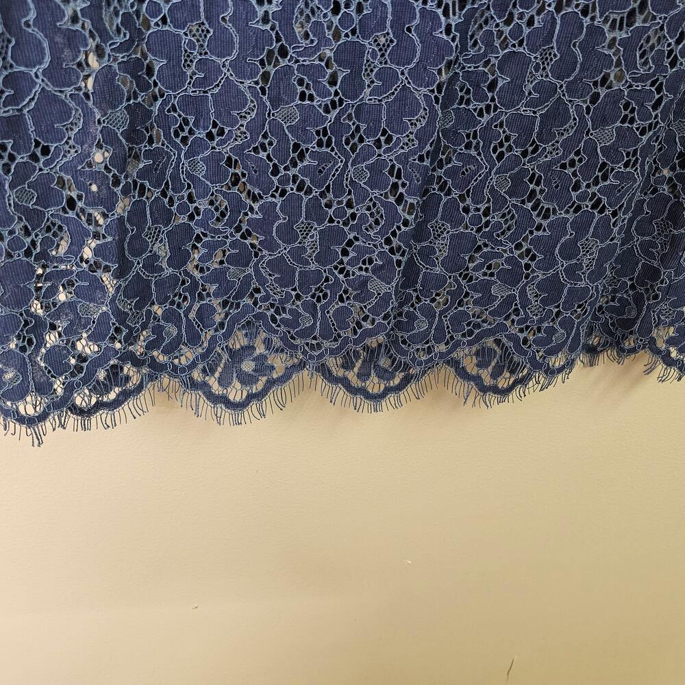 Petite Small Blue Floral Lace Top Eyelash Fringe Hem Crochet Blouse | Rafaella - Picture 6 of 6